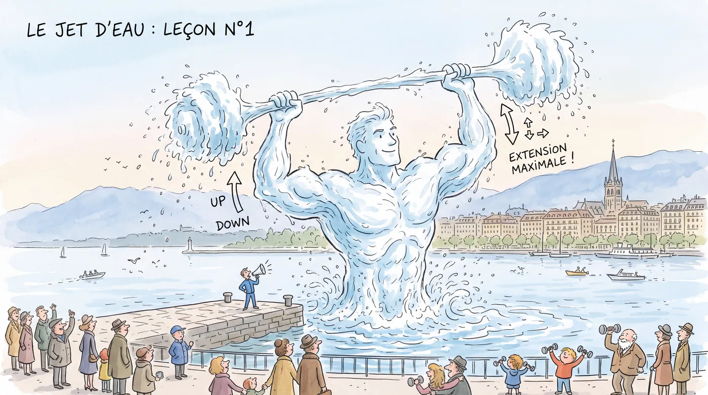 Le Jet d'eau de Genève sous les traits d'un géant musclé qui sort du lac et soulève au-dessus de sa tête une barre d'eau dont les deux extrémités retombent en gerbes, devant la rade et la cathédrale Saint-Pierre ; un homme au mégaphone sur la jetée, des promeneurs et des enfants aux petites haltères l'observent.