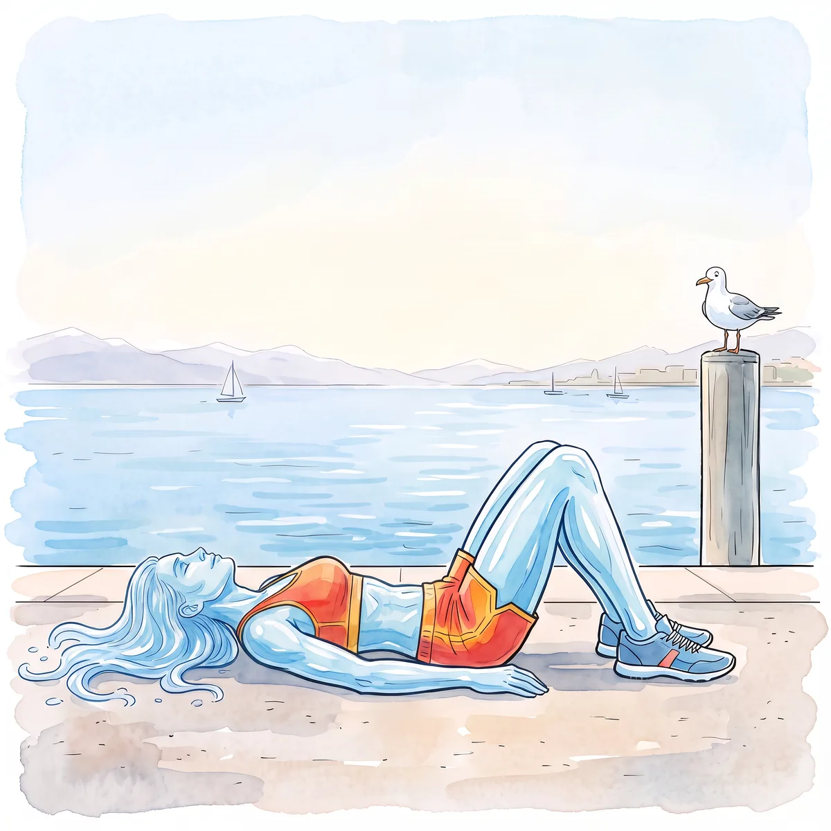 Ève, allongée sur le dos sur un ponton, genoux fléchis et pieds à plat, bras le long du corps ; une mouette est posée sur un pylône à droite.