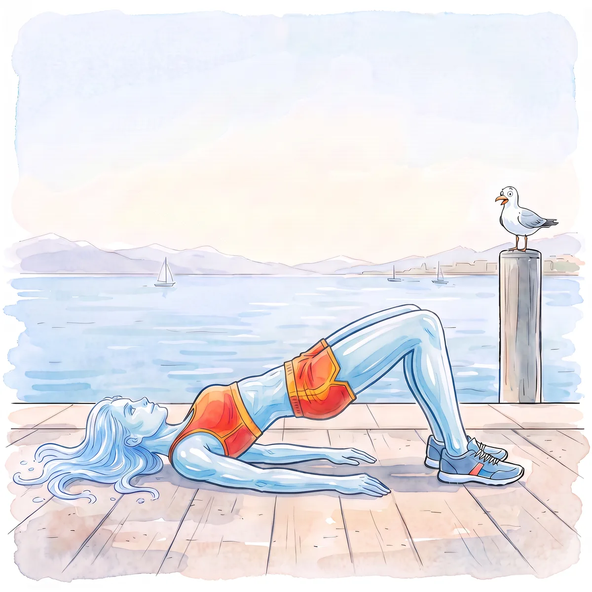 Ève, bassin levé, épaules et bras au sol, forme un pont ; la mouette, bec ouvert, regarde la scène.