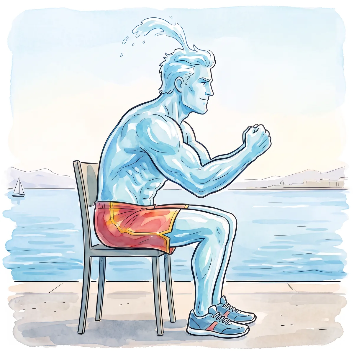 Jean, personnage fait d'eau, assis sur une chaise au bord du lac, dos droit, poings devant la poitrine ; un voilier au loin.