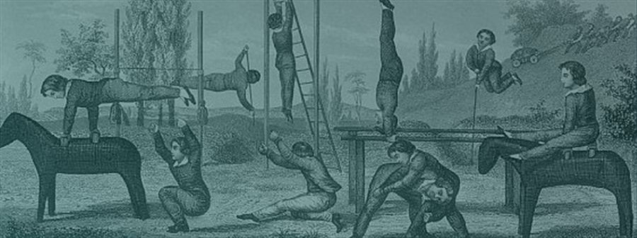 Gravure du 19e siècle représentant des exercices de gymnastique